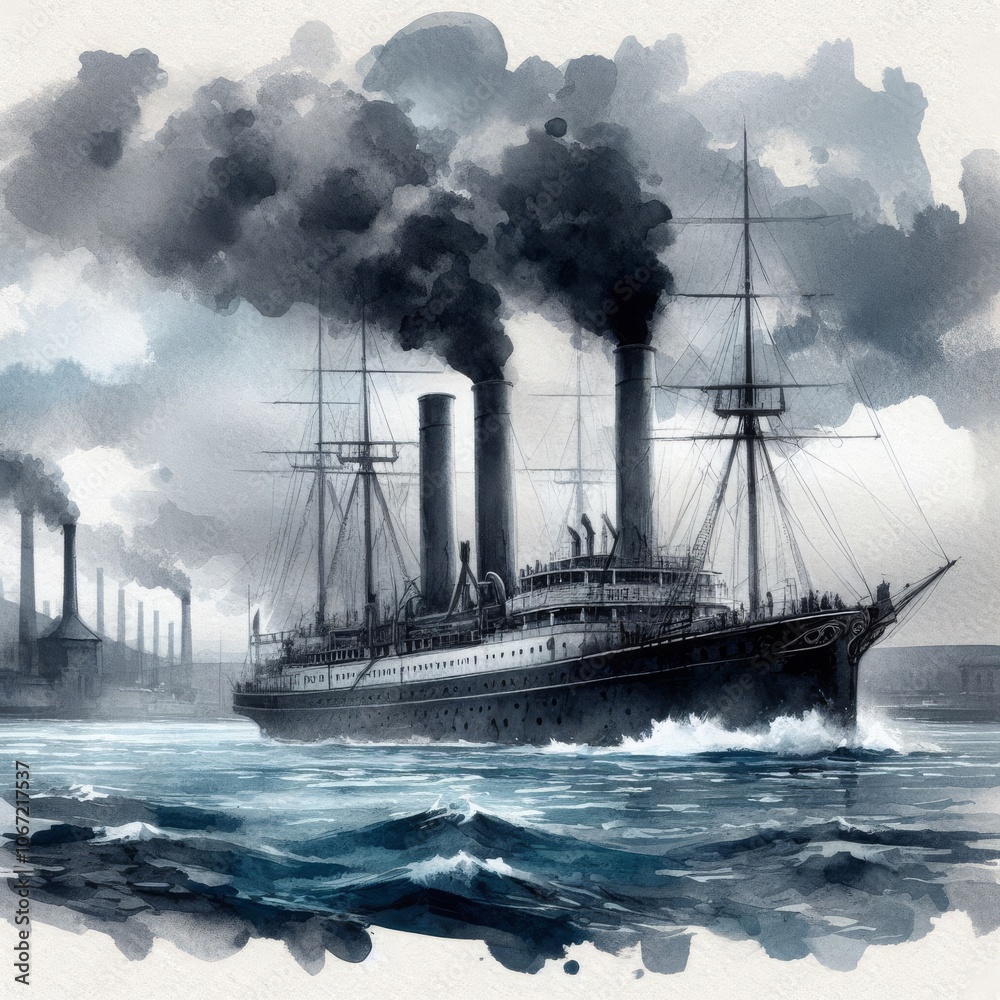 Obraz premium Watercolor of Steamboat on Open Sea