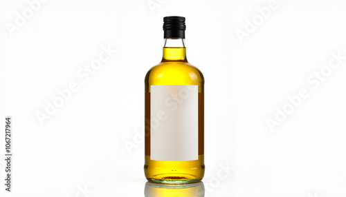 Glass bottle of golden liquid with a blank label on a white background, such as wine, oil or honey