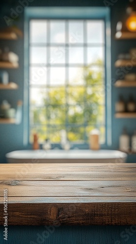 Rustic wooden tabletop in foreground, blurred kitchen background with large window, open shelving, and soft natural light creating cozy atmosphere.