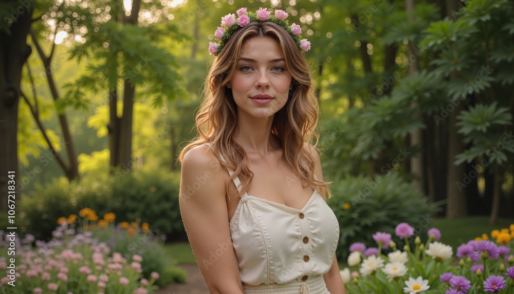 Woman with flower crown smiling in blooming garden Woman with flower crown smiling in blooming garden