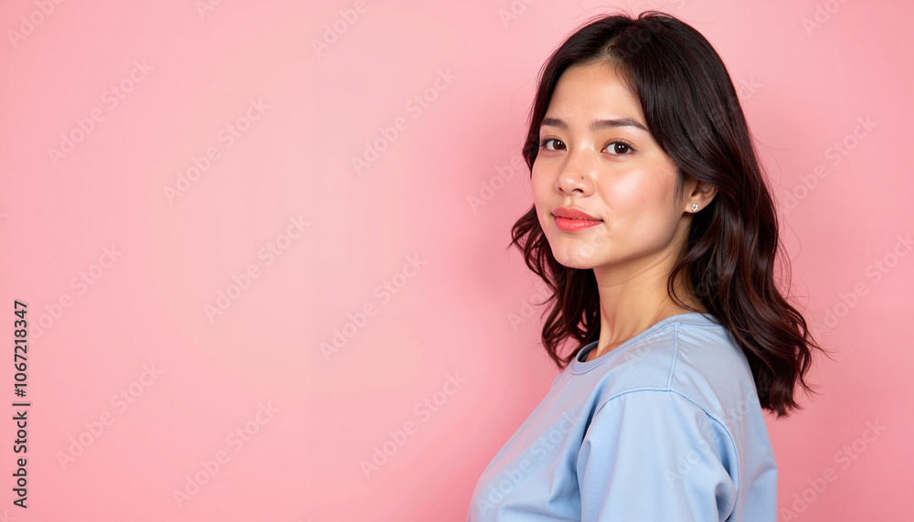 Woman smiling confidently against pink background Woman smiling confidently against pink background