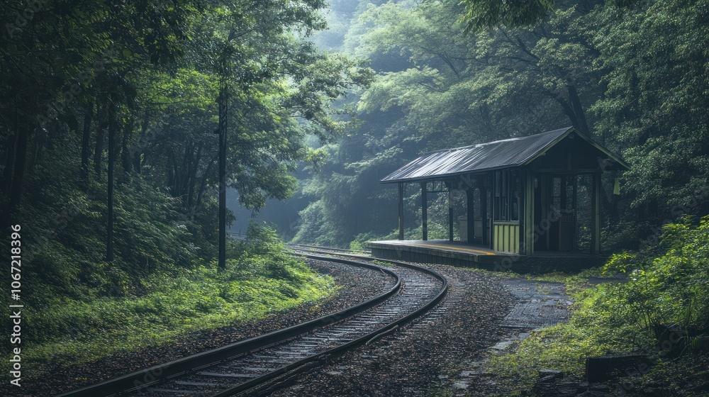 Fototapeta premium Forest Station - Small station surrounded by lush forest, perfect for capturing a natural setting.