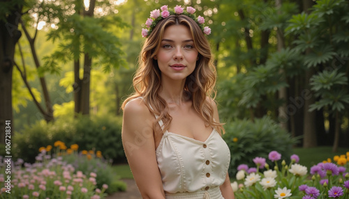 Woman with flower crown smiling in blooming garden