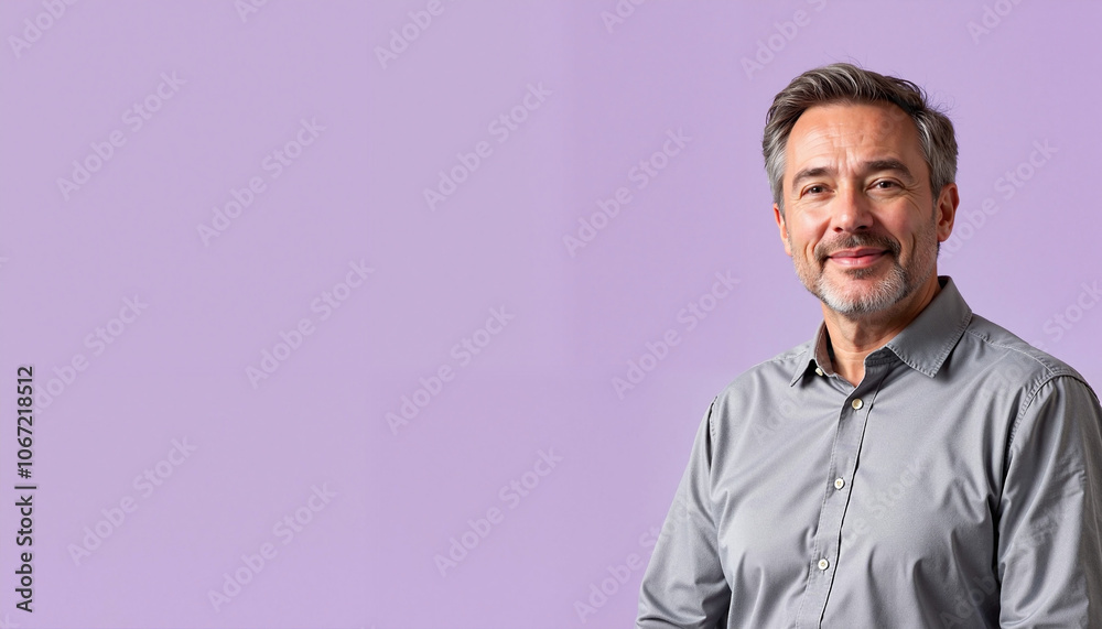 Smiling mature man in gray shirt against purple background Smiling mature man in gray shirt against purple background