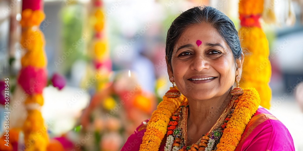 Portrait of a smiling Indian woman wearing traditional jewelry and garlands