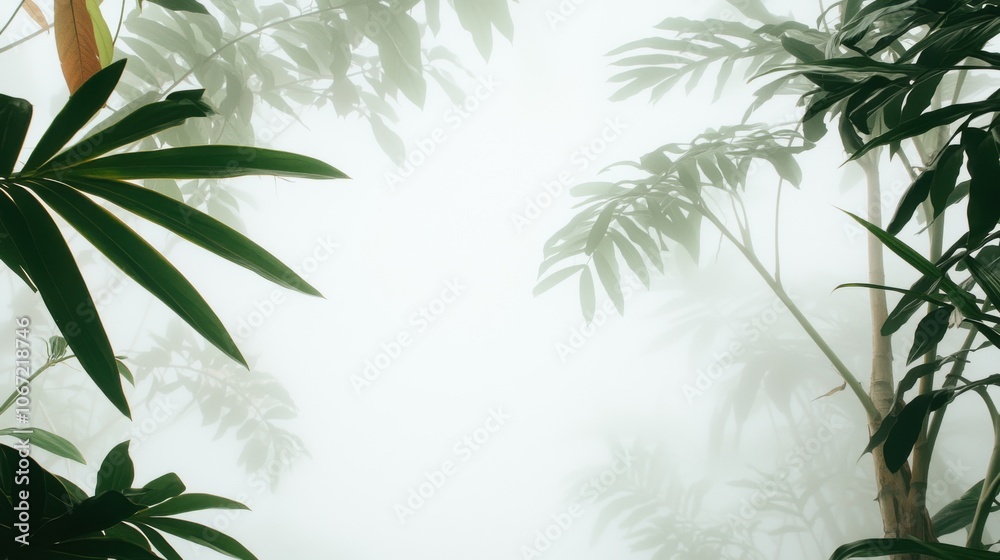 A misty jungle scene with lush green leaves, creating an ethereal atmosphere where nature blends with fog. A misty jungle scene with lush green leaves, creating an ethereal atmosphere where nature blends with fog.