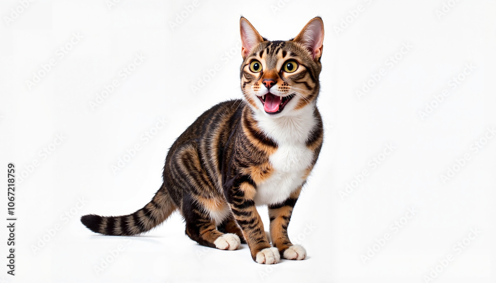 Fototapeta premium Tabby cat meowing excitedly on white background