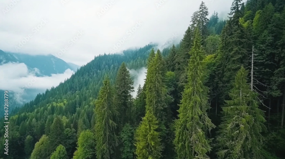 Lush green forest with towering trees shrouded in mist, surrounded by mountains and clouds, creating a serene and tranquil natural landscape. Lush green forest with towering trees shrouded in mist, surrounded by mountains and clouds, creating a serene and tranquil natural landscape.
