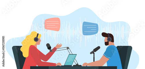Male and female persons recording audio discussion in online radio broadcast studio. Man and woman podcast talking with microphones and headphones. Live streaming channel podcasting and broadcasting