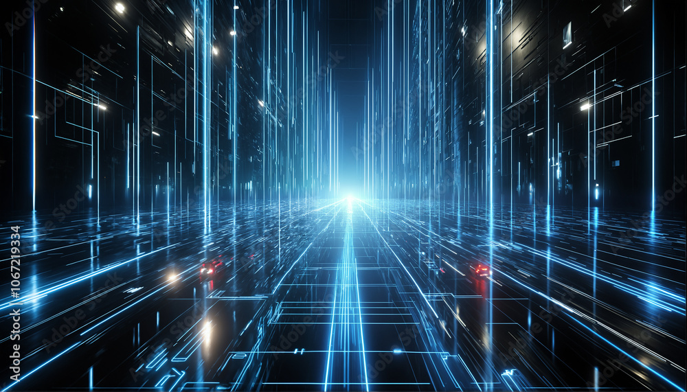 Digital Highway: A mesmerizing abstract image of a futuristic cityscape, featuring glowing blue lines and a bright, white light at the end of a long, digital road. Digital Highway: A mesmerizing abstract image of a futuristic cityscape, featuring glowing blue lines and a bright, white light at the end of a long, digital road.