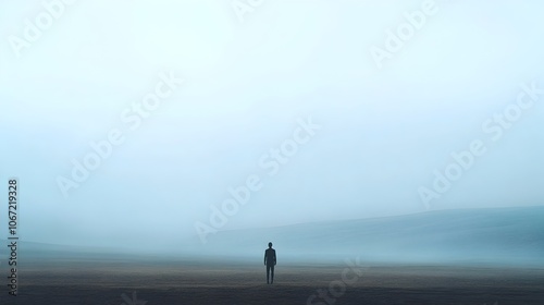 Solitary Figure in Vast,Empty Landscape - Introspective Pose,Muted Colors,Soft Atmospheric Lighting