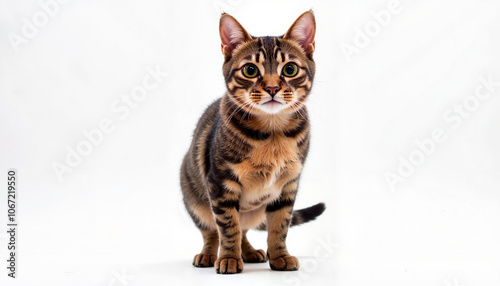 Alert tabby cat standing on white background photo