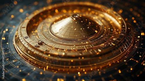 Close-up of a futuristic, gold-plated, circular object with intricate details and a glowing, central cone.