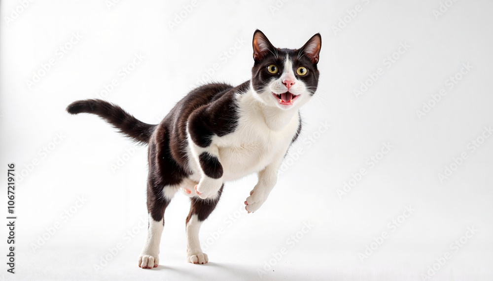 Playful black and white cat meowing on white background