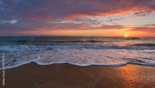 Waves on the beach at red sunset