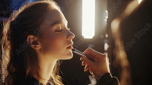 Professional makeup artist applying makeup on a model in a beauty studio.