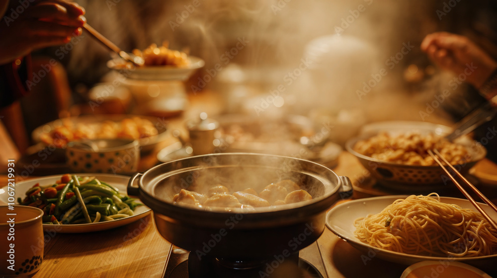 Steaming hot pot dinner with fresh noodles and vegetables at cozy gathering Steaming hot pot dinner with fresh noodles and vegetables at cozy gathering