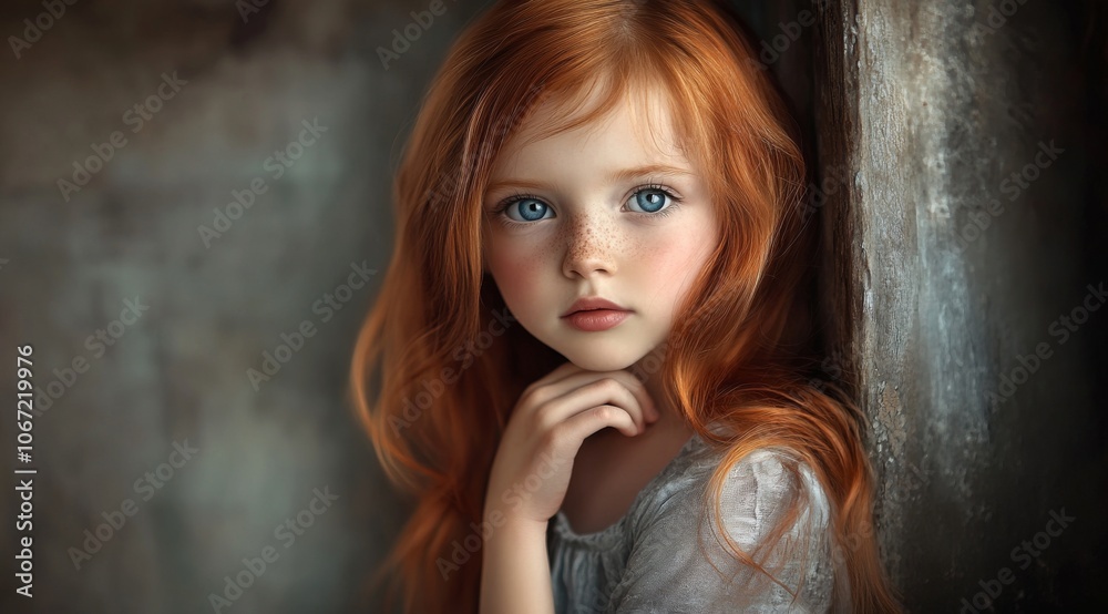 Fototapeta premium Adorable Young Girl Leaning Against Rustic Wall