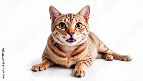 Excited Bengal cat with open mouth on white background