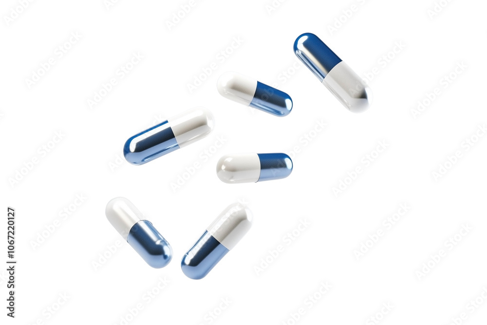 Antibiotic pill capsules falling on transparent background Antibiotic pill capsules falling on transparent background