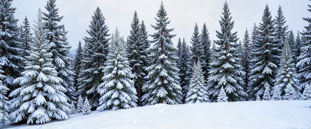 Snow-covered pine trees in winter forest landscape