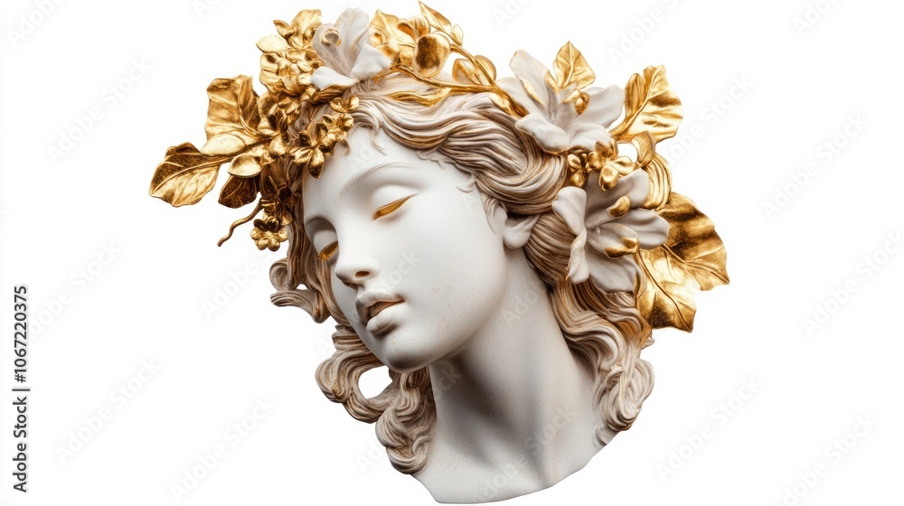 Graceful Venus head with golden details, isolated on white, showcasing the timeless beauty of ancient Greek art Graceful Venus head with golden details, isolated on white, showcasing the timeless beauty of ancient Greek art
