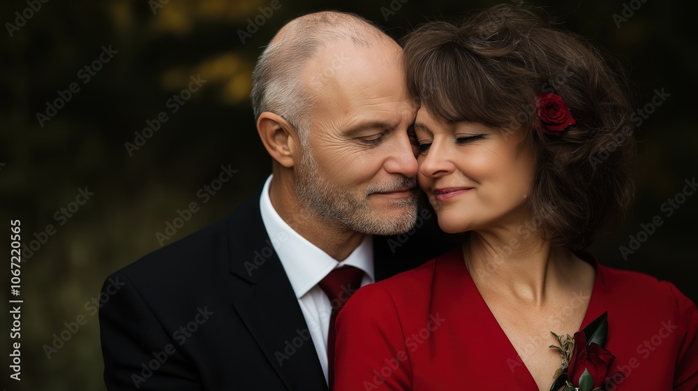 Senior couple in red and black formal wear with roses. Valentine's Day anniversary content Senior couple in red and black formal wear with roses. Valentine's Day anniversary content