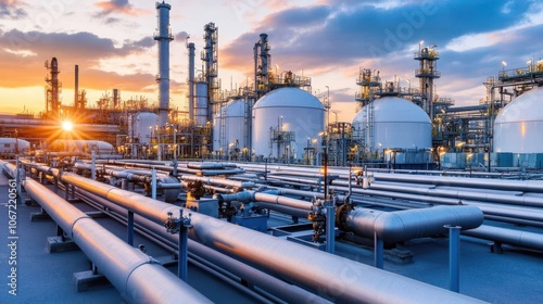 Industrial oil storage tanks at sunrise, modern factory scene