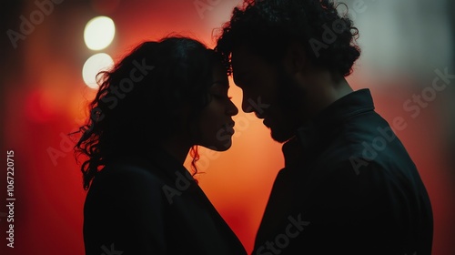 Couple silhouette with curly hair against red sunset light. Valentine's Day romance content