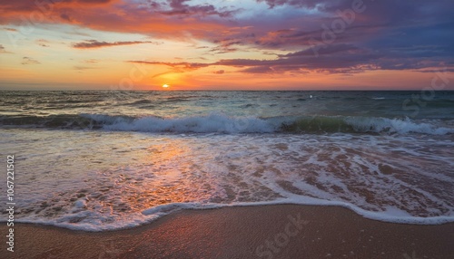 Waves on the beach at red sunset