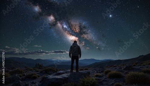 Silhouetted person admiring Milky Way over mountains