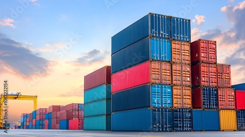 Cargo containers in port, organized and ready, smooth logistics flow