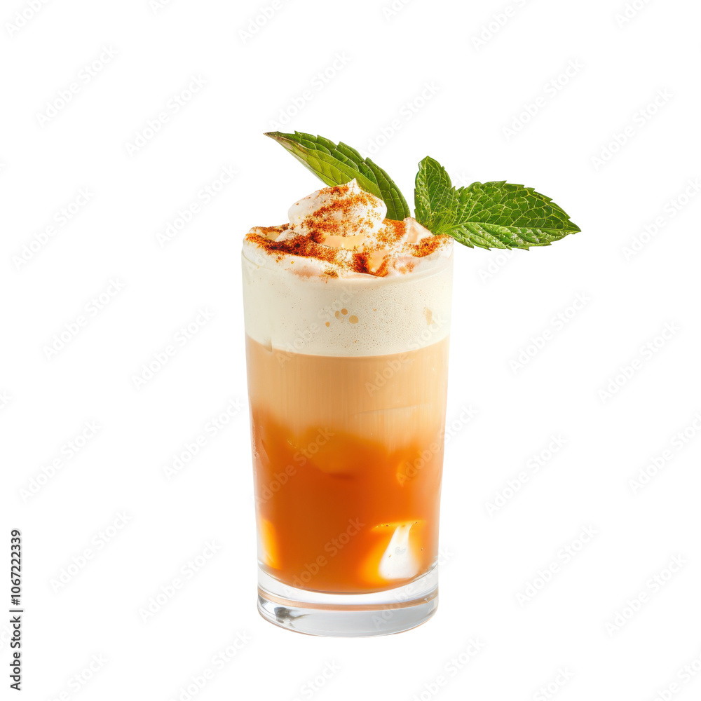 Iced drink with foam and mint garnish, white isolate background Iced drink with foam and mint garnish, white isolate background