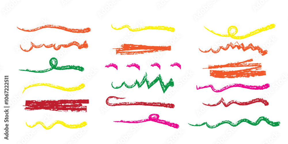Doodle chalk underlines set. Color line sketches with charcoal marks. Hand drawn vector elements on white background Doodle chalk underlines set. Color line sketches with charcoal marks. Hand drawn vector elements on white background