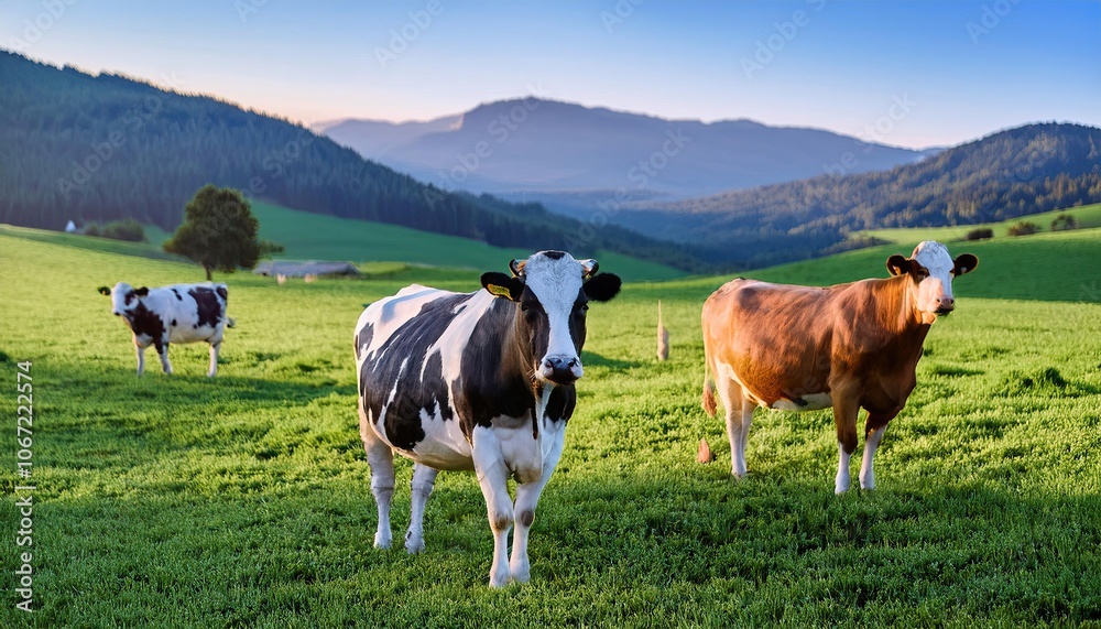 nature farm cows, grass field background, Fresh and Relax concept. For montage product display or design key visual layout. View of copy space nature farm cows, grass field background, Fresh and Relax concept. For montage product display or design key visual layout. View of copy space