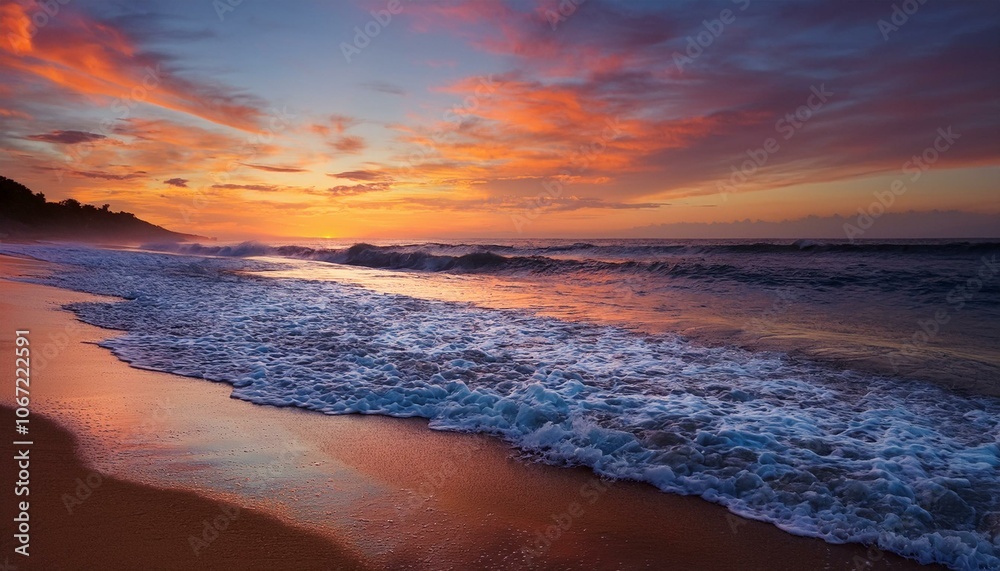 Fototapeta premium Waves on the beach at red sunset