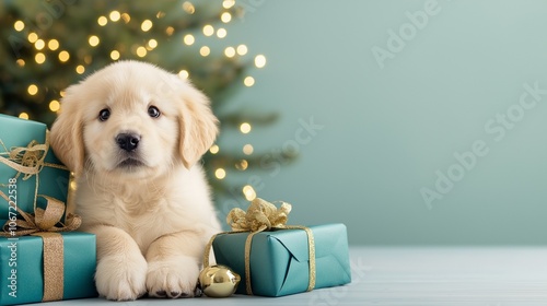 Golden Retriever puppy lies on a blue backdrop surrounded by teal gift boxes and  shiny Christmas lights. Christmas and New Year festive concept with copy space.	