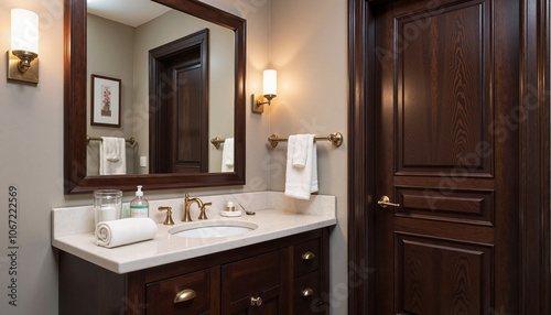 Elegant bathroom interior with dark wood vanity