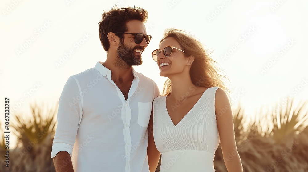 Couple white outfits sunset palm silhouette. Summer romance advertising