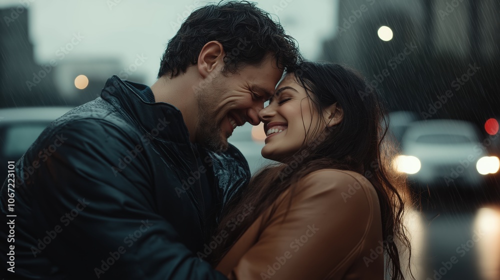 Couple rain smile intimate moment urban lights. Valentine romance relationship advertising