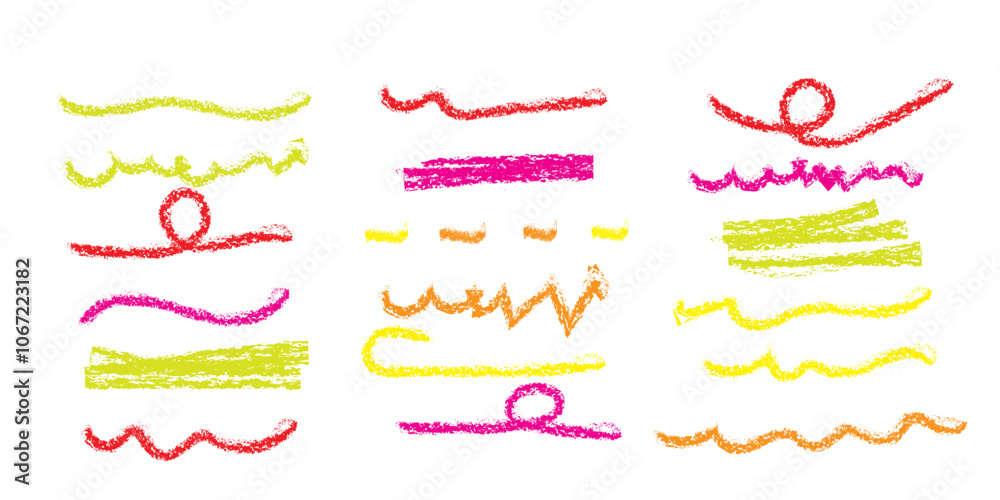 Doodle chalk underlines set. Color line sketches with charcoal marks. Hand drawn vector elements on white background Doodle chalk underlines set. Color line sketches with charcoal marks. Hand drawn vector elements on white background