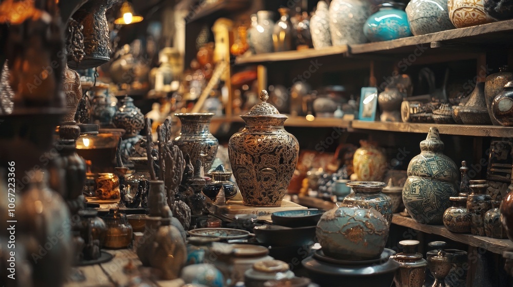 Collection of antique pottery in dimly lit shop Collection of antique pottery in dimly lit shop