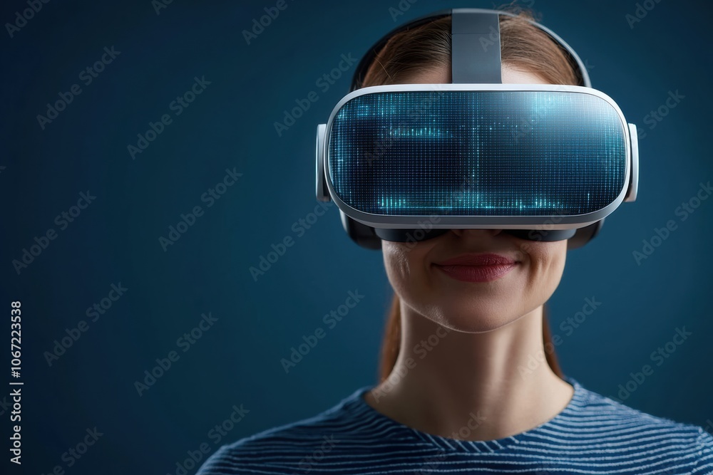A woman wearing virtual reality goggles, immersed in a digital world, showcasing technology's impact on modern experiences and entertainment. A woman wearing virtual reality goggles, immersed in a digital world, showcasing technology's impact on modern experiences and entertainment.