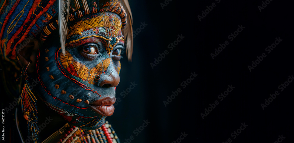 Fototapeta premium portrait of an African woman with a color pattern on her face on a dark background, copy space