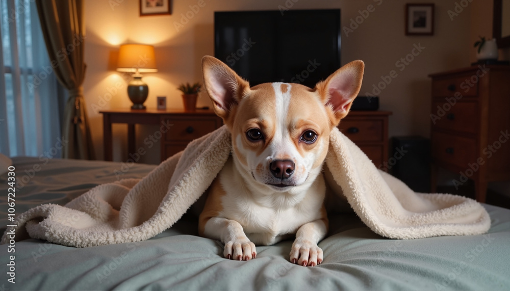 Cozy Chihuahua wrapped in blanket on bed in warm room Cozy Chihuahua wrapped in blanket on bed in warm room