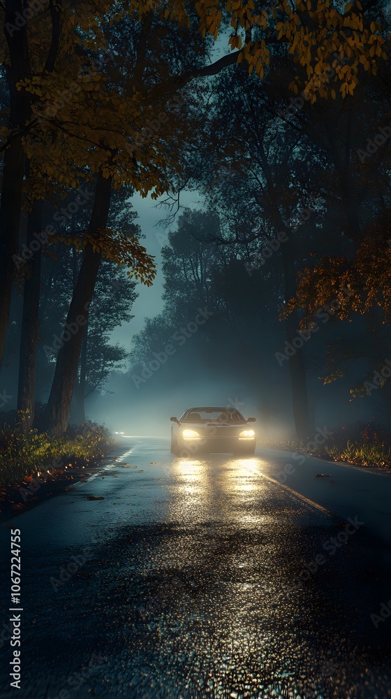 Fototapeta premium A car driving on the road through a forest at night, with fog and lights. The beautiful forest landscape is filled with trees, and a misty light