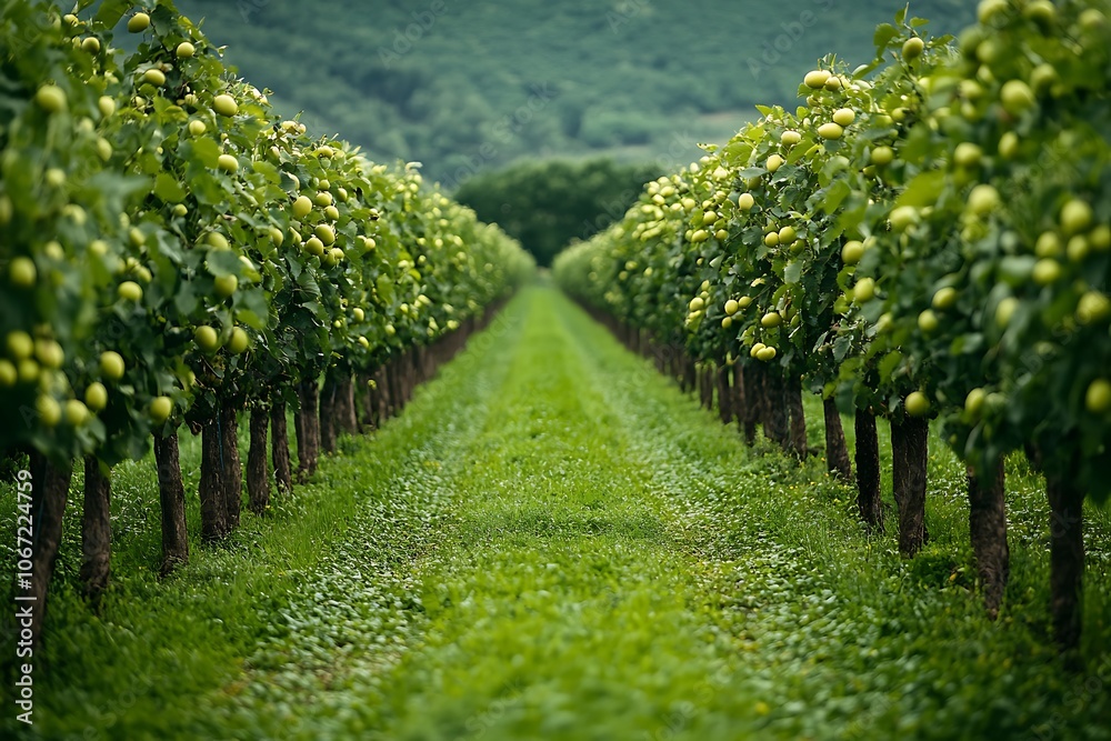 Rows of Trees with Green Apples - Photo Rows of Trees with Green Apples - Photo
