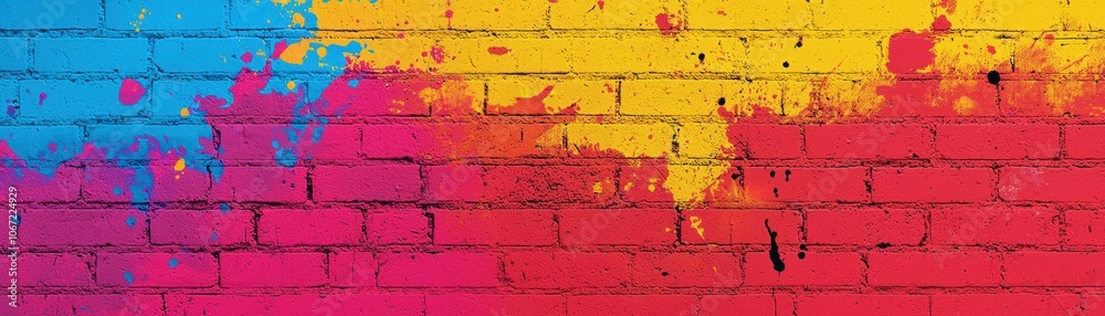 Obraz premium A vibrant, colorful splatter of paint on a brick wall, showcasing a blend of blue, yellow, and pink hues, perfect for artistic backgrounds.
