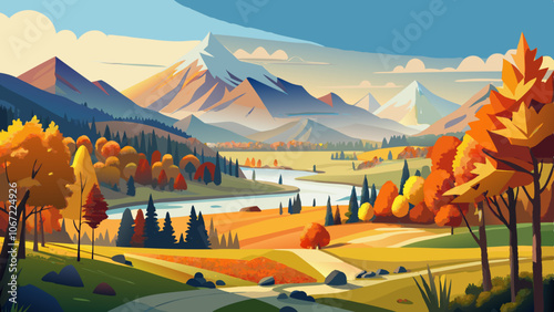 panoramic landscape at autumn with tree and mountai