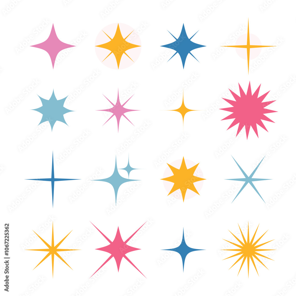Set with 16 different colorful stars and sparkles. Hand drawn isolated vector illustrations Set with 16 different colorful stars and sparkles. Hand drawn isolated vector illustrations